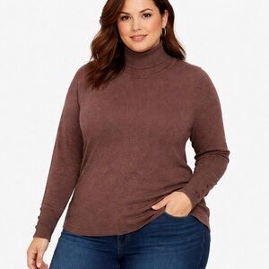 Lane Bryant Turtleneck Sweater Knit Size 22/24 Choc Brown Button Cuff Detail